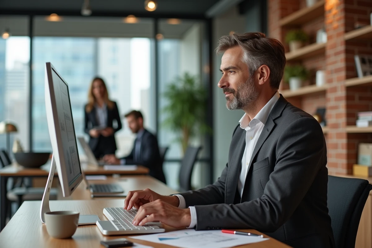 Agent immobilier consultant des annonces sur écran dans une agence moderne reflétant les tendances actuelles de l'immobilier