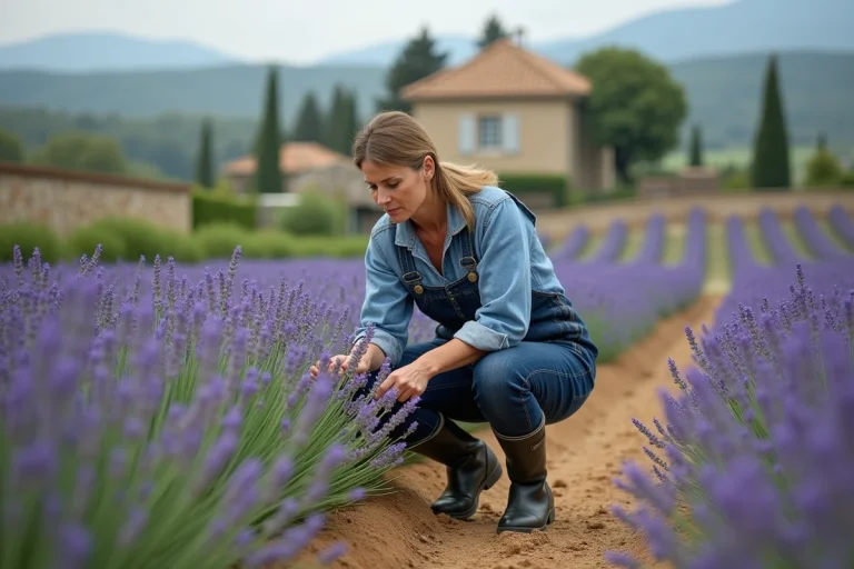 Agricultrice inspectant ses rangs de lavande dans une petite exploitation de plantes aromatiques et médicinales en zone rurale