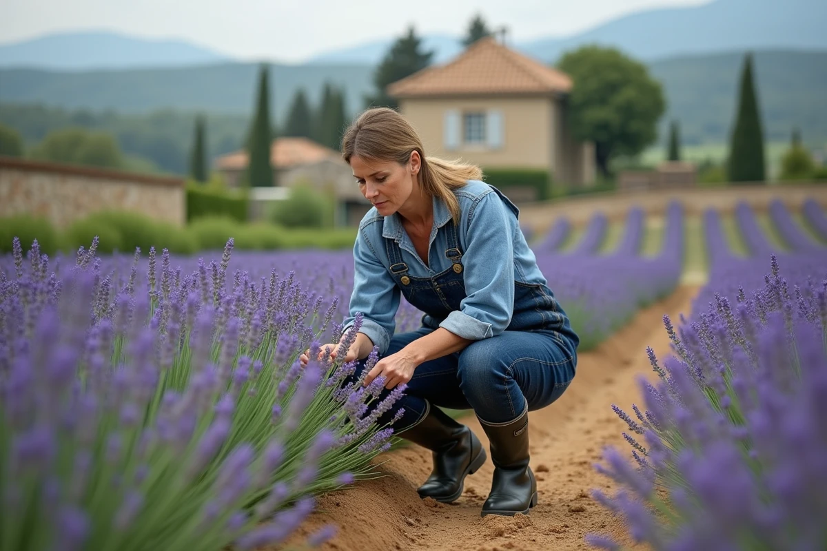 Agricultrice inspectant ses rangs de lavande dans une petite exploitation de plantes aromatiques et médicinales en zone rurale