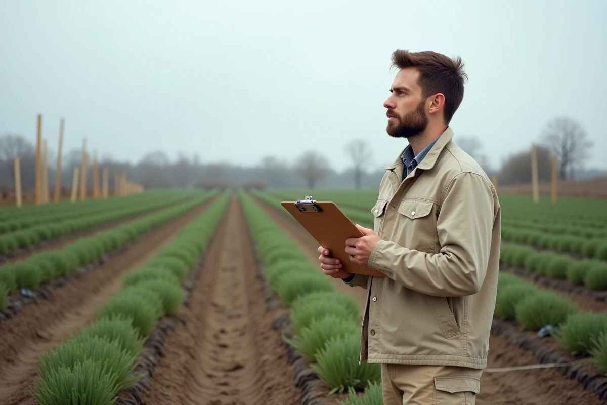 Agronome évaluant la superficie d'une parcelle de plantes à parfum aromatiques et médicinales lors d'une installation agricole