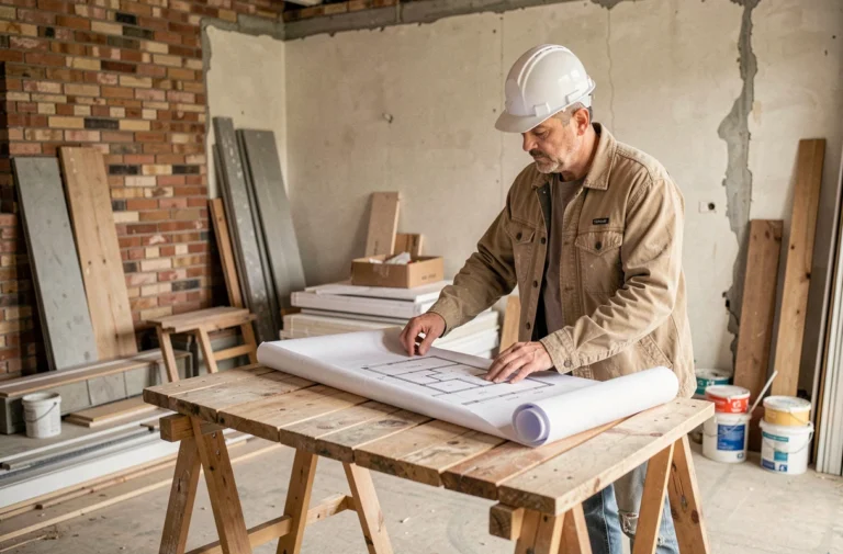 Artisan examinant des plans de rénovation dans un appartement en travaux avec murs en briques apparentes