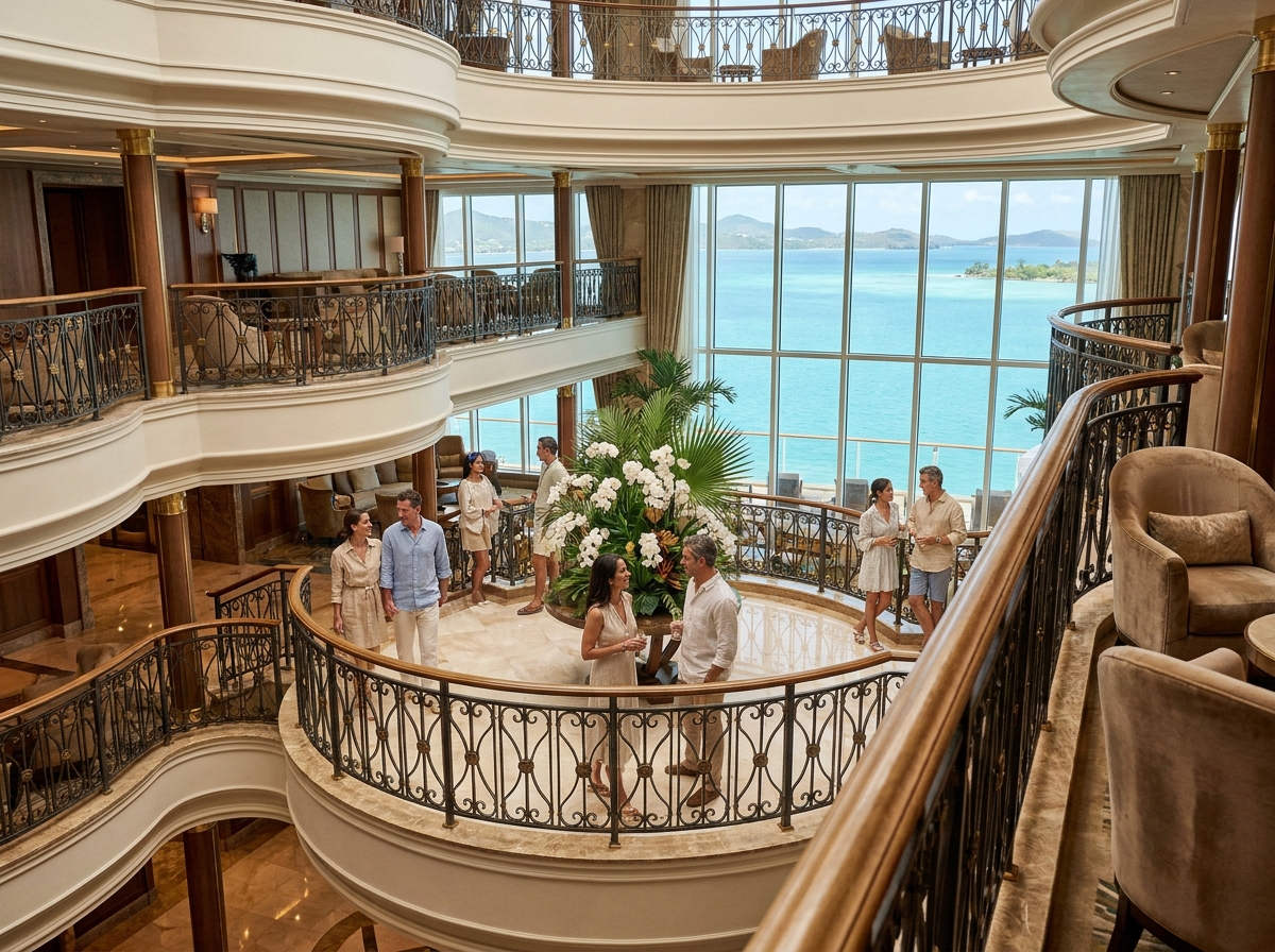 Atrium intérieur monumental d'un paquebot de croisière haut de gamme avec passagers élégants et vue sur une baie tropicale turquoise