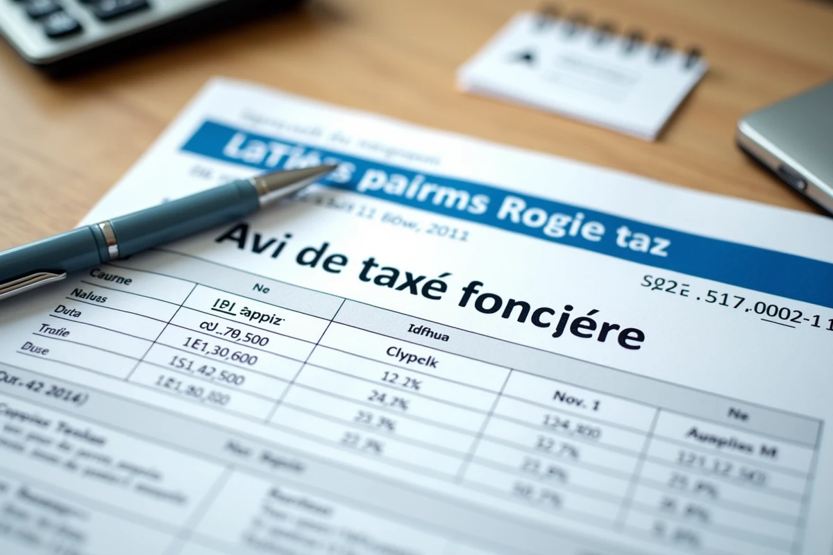 Avis de taxe foncière avec calculatrice et notes manuscrites pour le calcul de l'imposition d'une piscine privée