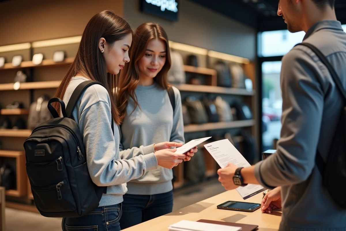 Une cliente vérifiant la garantie longue durée d'un sac Eastpak authentique auprès d'un vendeur dans un magasin revendeur officiel agréé