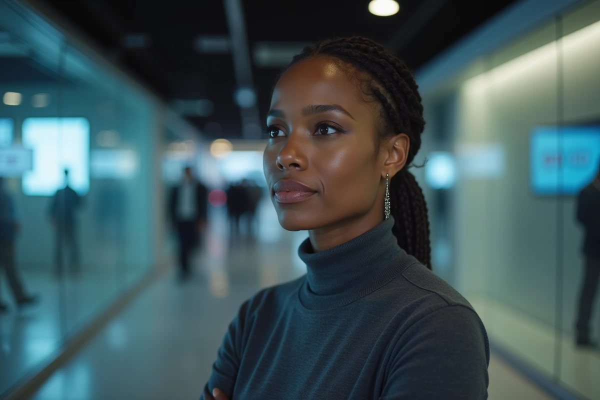 Journaliste de télévision en couloir de production audiovisuelle, expression réflexive, évoquant le parcours professionnel façonné par ses origines familiales