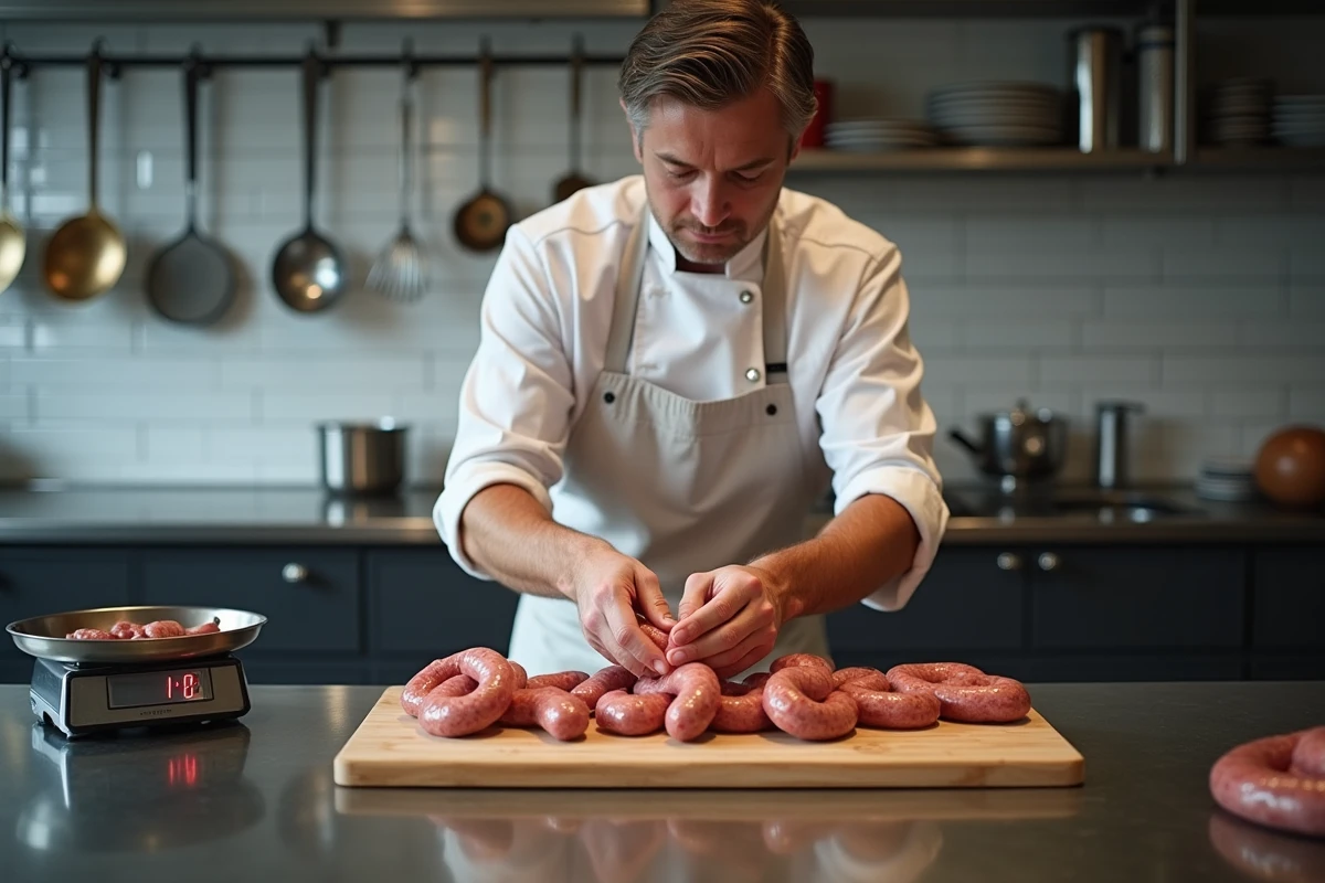 Chef cuisinier préparant un kilogramme de saucisses crues sur un comptoir en acier inoxydable