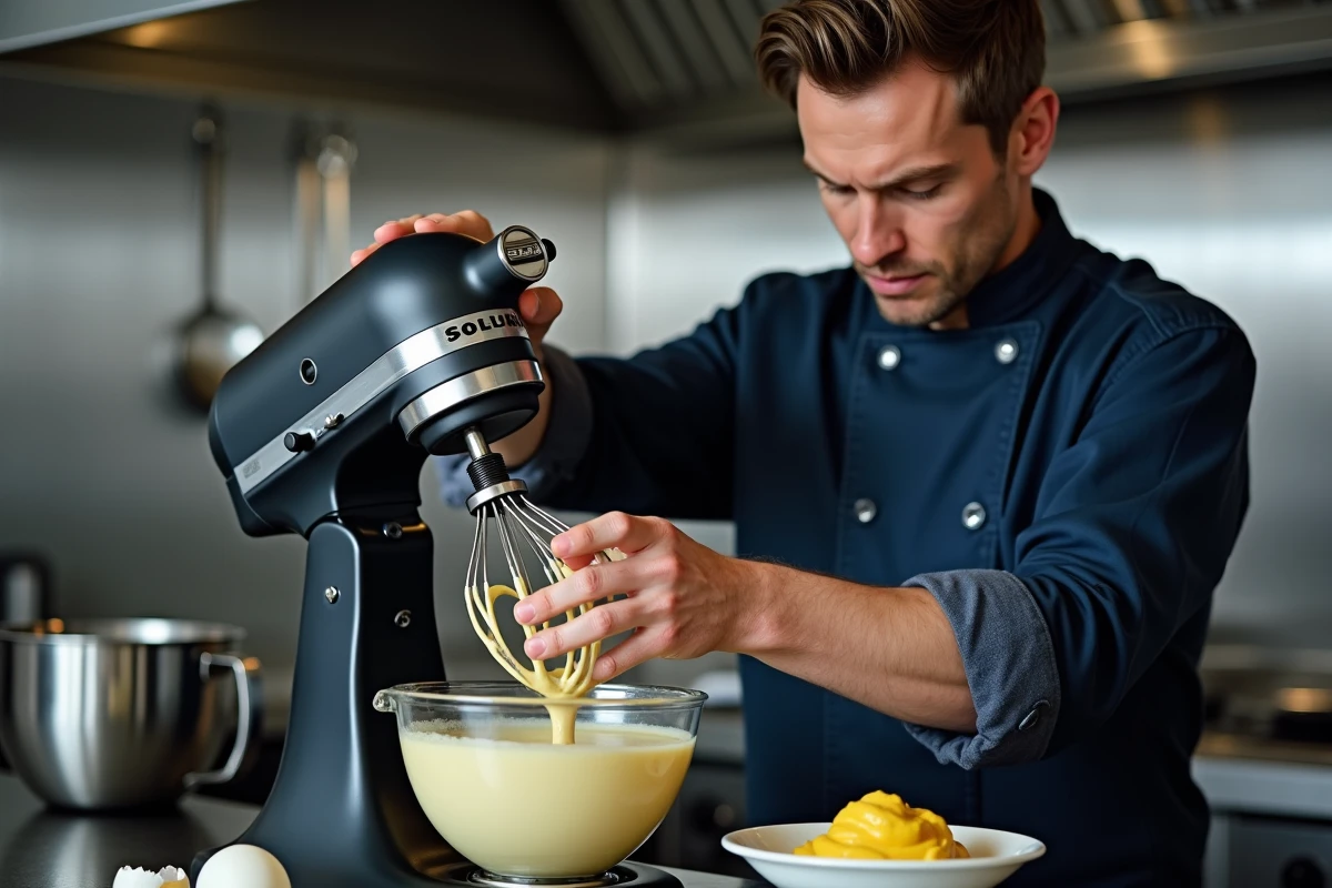 Chef utilisant un robot pâtissier avec fouet pour réaliser une mayonnaise onctueuse en cuisine professionnelle