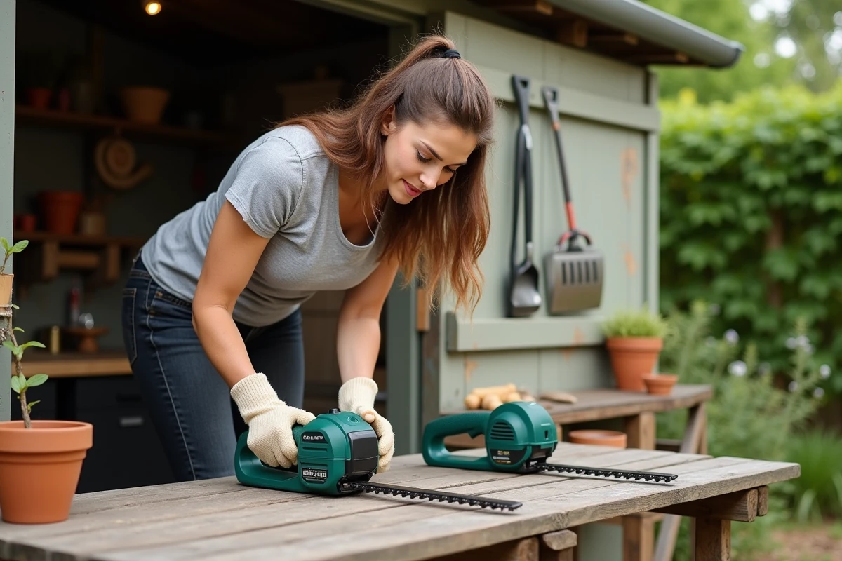 Femme comparant deux modèles de taille-haies électriques sans fil posés sur une table de jardin en bois dans un atelier de jardin