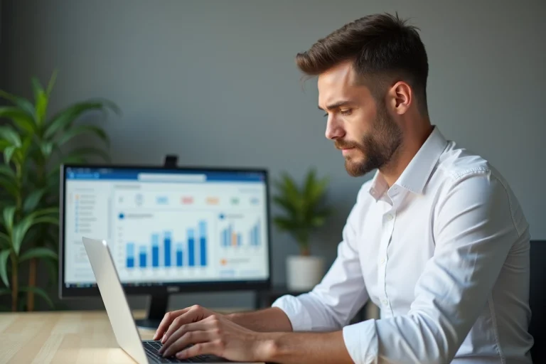 Homme consultant l'espace affilié Securitest sur un ordinateur portable dans un bureau moderne