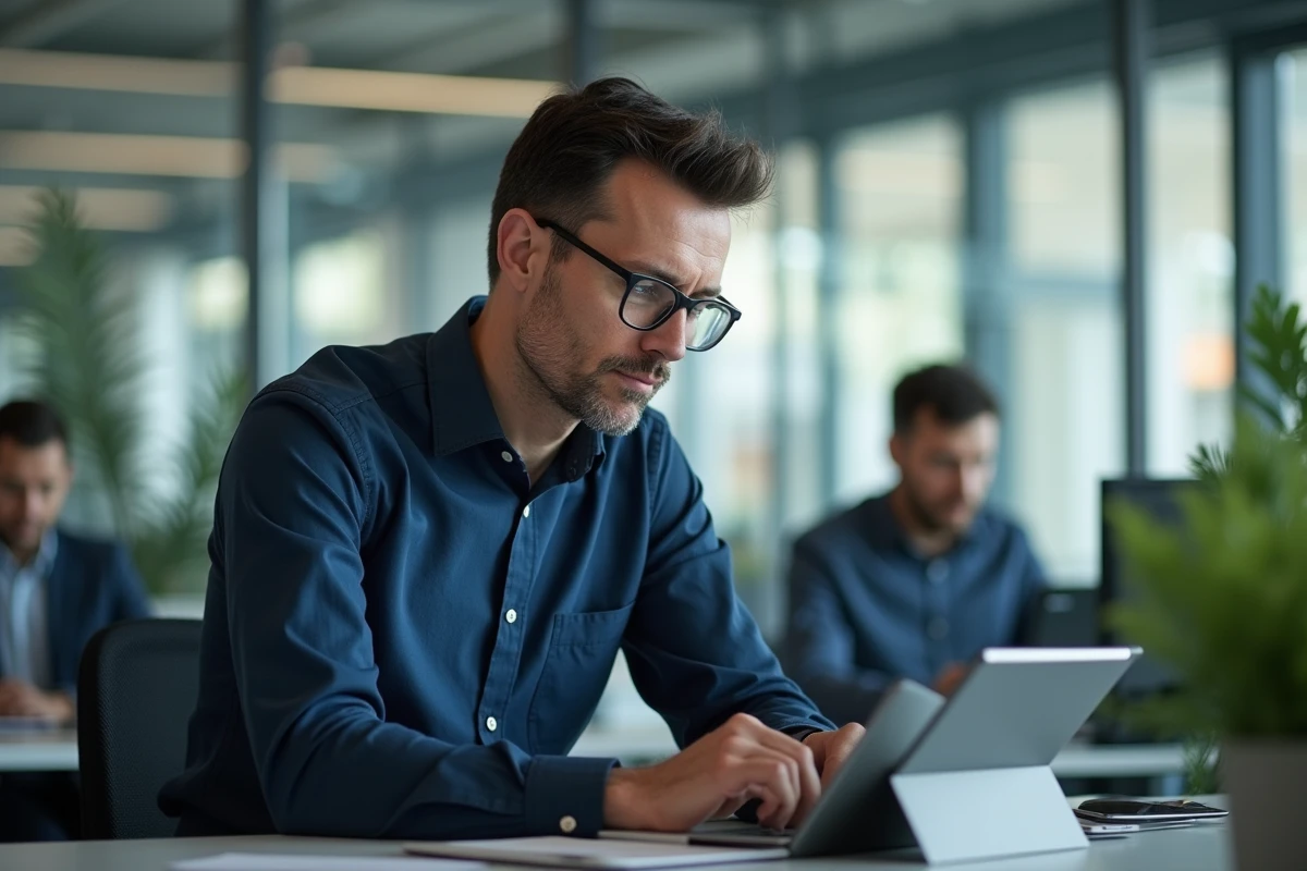 Homme consultant un site web en toute confiance sur une tablette dans un bureau professionnel
