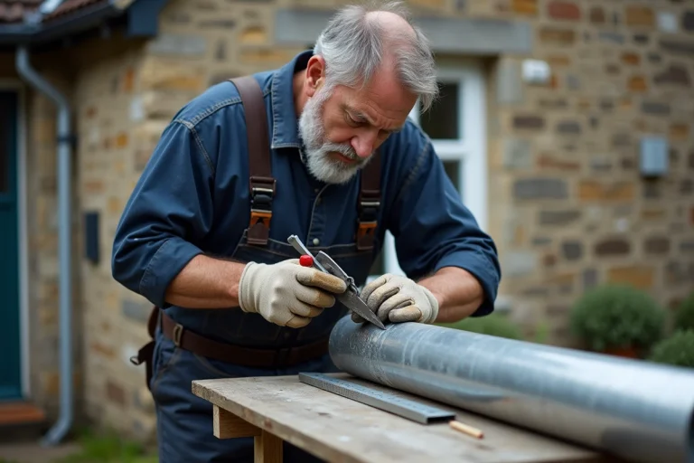 Artisan coupant une descente de gouttière en zinc avec une cisaille sur un établi en bois à l'extérieur