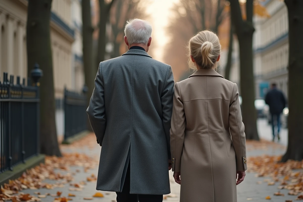 Couple anonyme de dos se promenant dans une avenue parisienne illustrant la discrétion et le mystère entourant l'épouse d'un grand patron comme Guillaume Faury