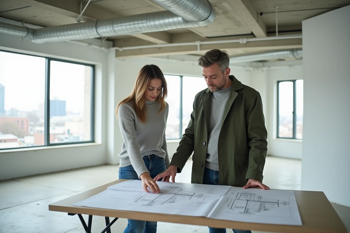 Couple examinant des plans d'architecte dans un appartement rénové représentant les nouvelles opportunités immobilières urbaines