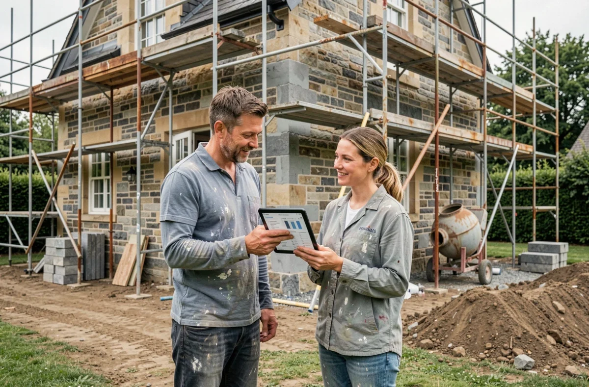 Couple discutant du budget de rénovation devant une maison en pierre avec échafaudage