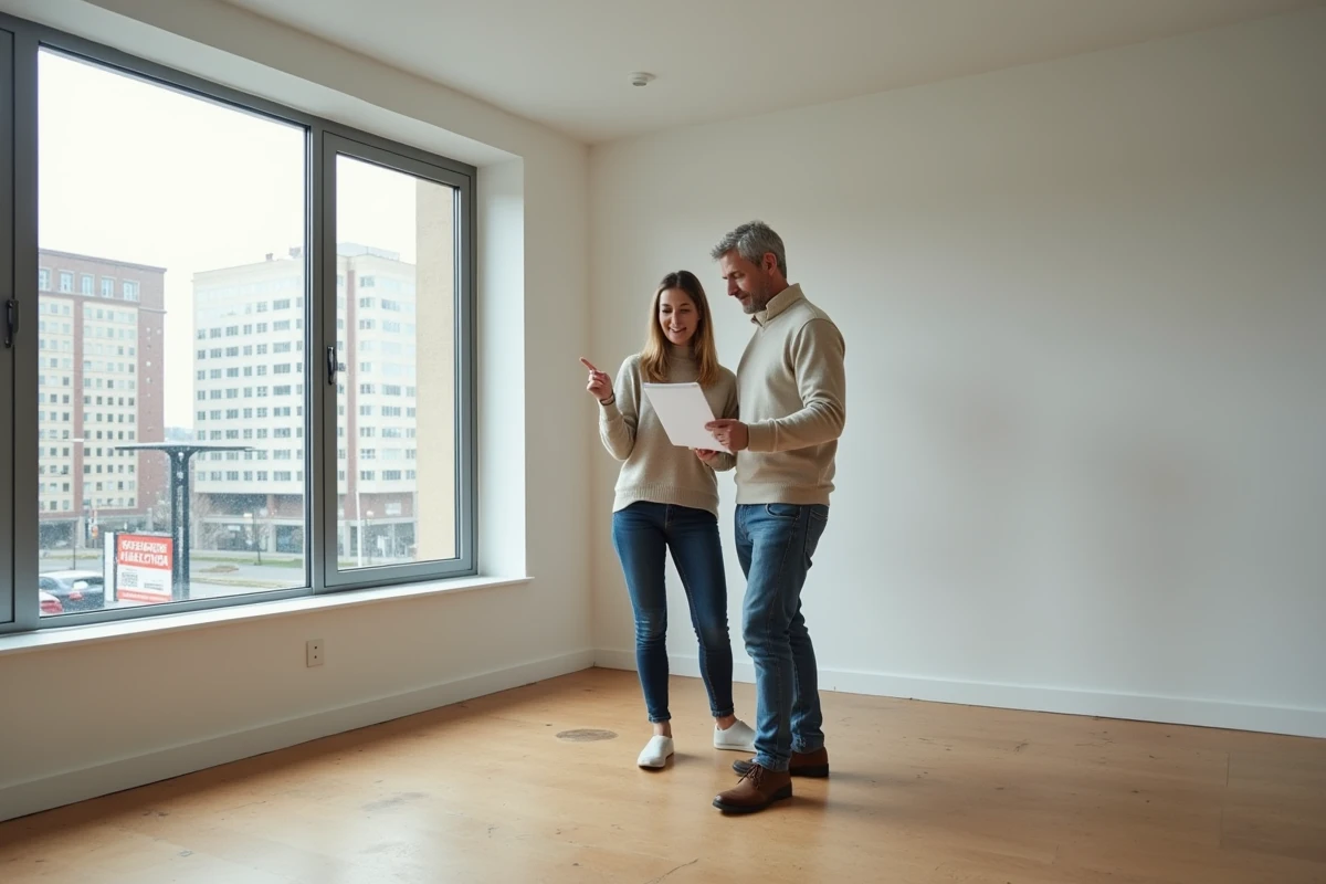 Couple examinant un contrat de bail dans un appartement vide avant de signer