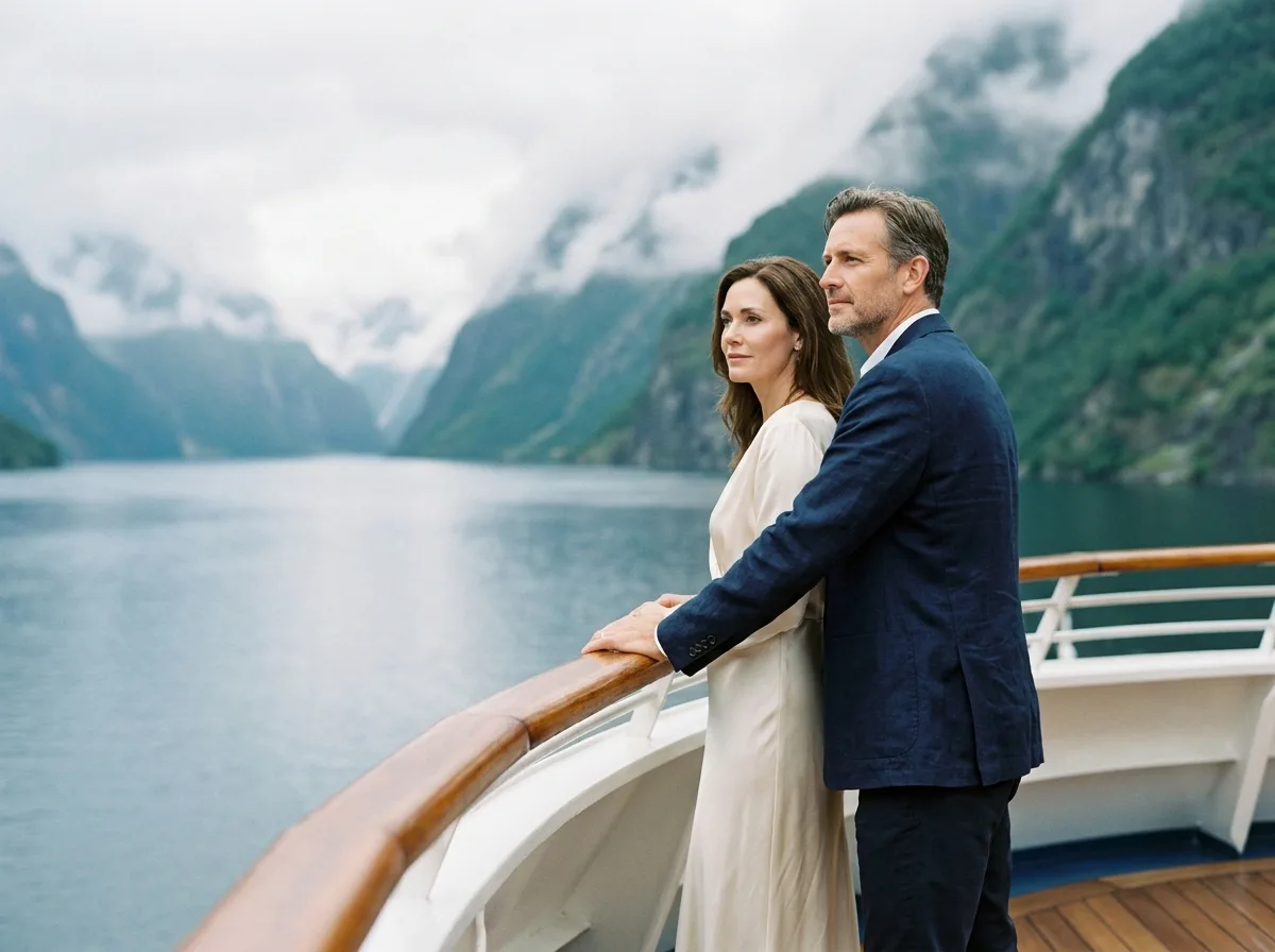 Couple élégant à bord d'un navire de croisière de luxe contemplant un fjord pittoresque lors d'un voyage haut de gamme