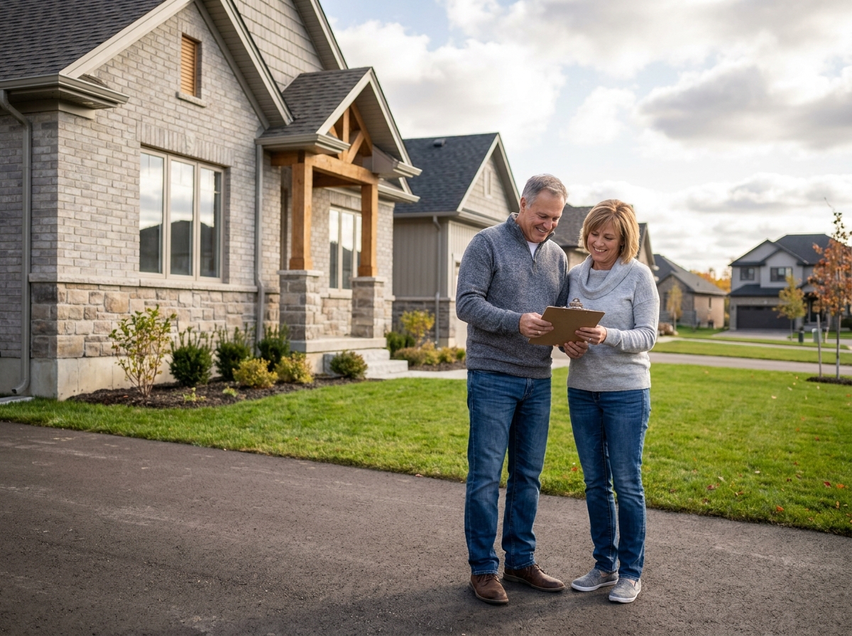 Couple examine une maison neuve dans un quartier résidentiel