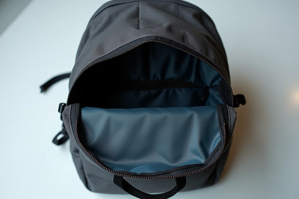 Vue intérieure d'un sac Eastpak authentique montrant la qualité des coutures doubles et la solidité de la doublure intérieure