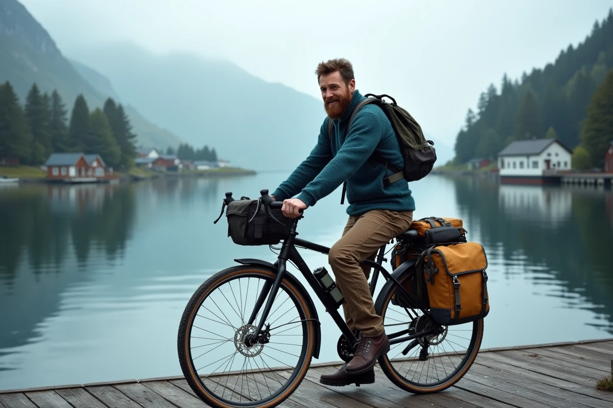 Cycliste chargé son vélo de voyage sur un ferry dans un fjord nordique, illustration du tourisme doux et écologique