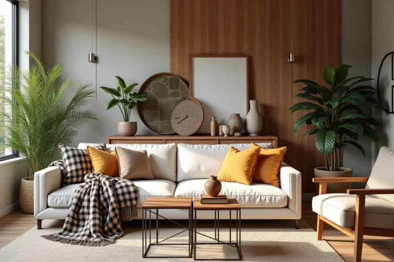 Vue d'ensemble d'un salon contemporain au décor soigné, mêlant pierre naturelle, plantes vertes, mobilier bois et métal, miroir grand format et coussins texturés