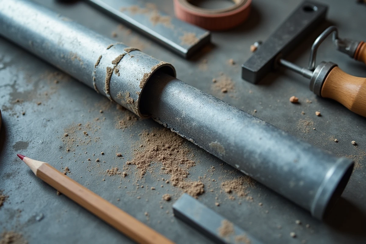 Gros plan sur une découpe nette d'une descente de gouttière en zinc avec outils de plomberie posés sur un sol en béton
