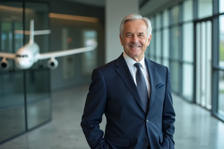 Portrait d'un dirigeant d'entreprise aéronautique en costume marine dans un atrium moderne, illustrant le mystère autour de la vie privée du patron d'Airbus Guillaume Faury