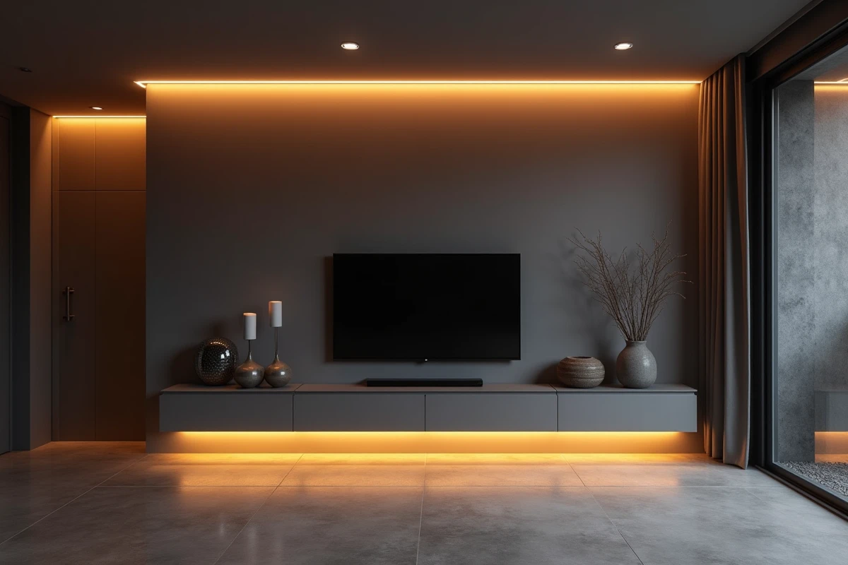 Éclairage indirect LED intégré dans un caisson de plafond et sous un meuble TV dans un salon aux tons sombres et sol béton
