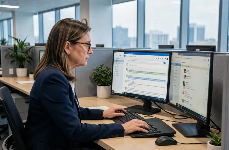 Employée d'administration départementale utilisant une interface de messagerie Zimbra sur un poste de travail à double écran dans un bureau gouvernemental moderne