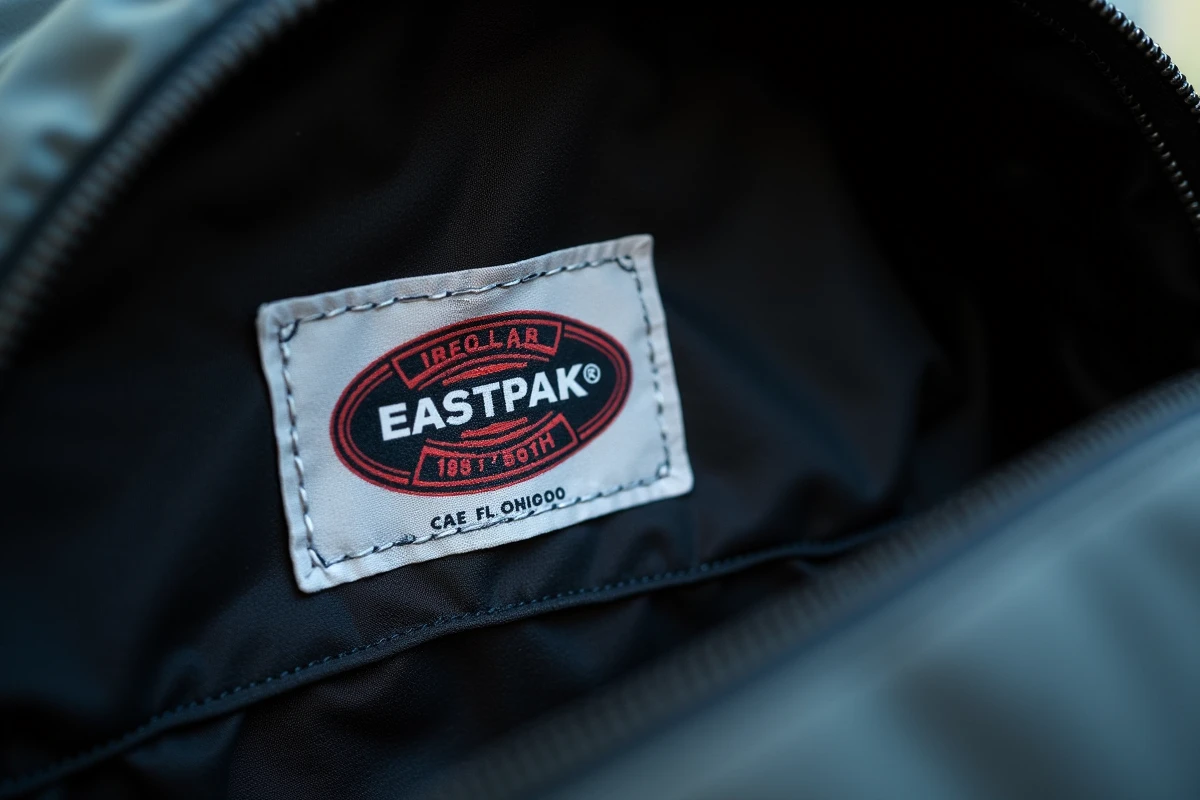 Étiquette intérieure d'un sac Eastpak avec hologramme d'authenticité irisé et informations de fabrication clairement imprimées