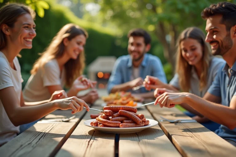 Famille de six personnes autour d'un repas de saucisses grillées lors d'un barbecue en plein air