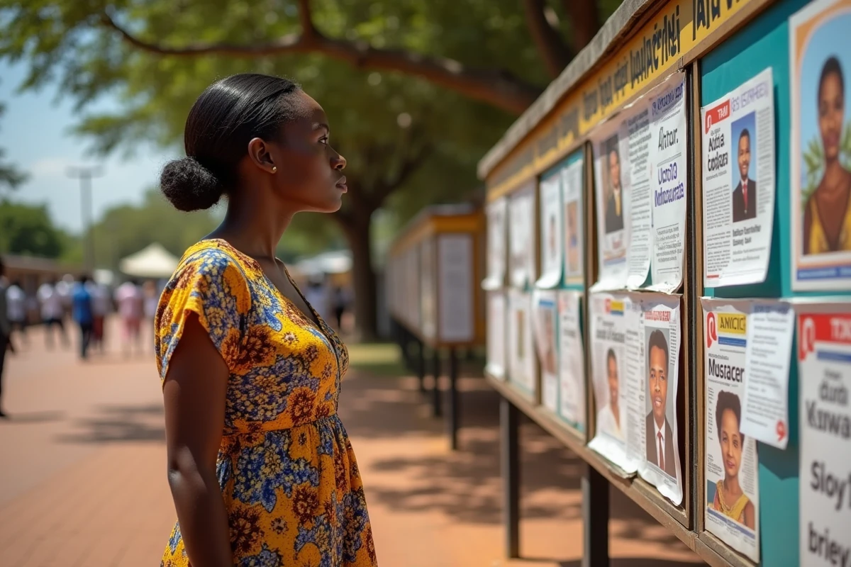 Jeune femme béninoise devant un panneau d'affichage politique à Abomey-Calavi, enjeux de l'actualité au Bénin