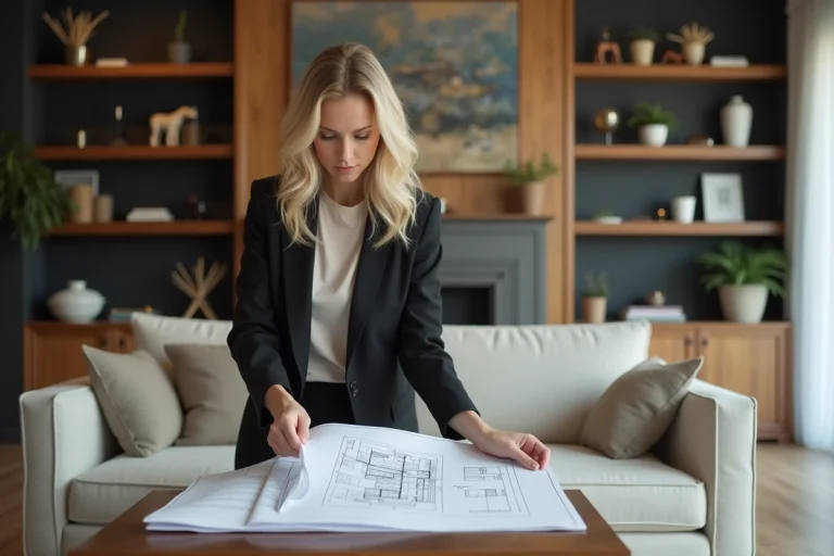 Femme en blazer regardant des plans architecturaux dans un salon