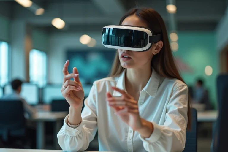 Femme explorant un casque de réalité augmentée dans un bureau tech moderne en 2024