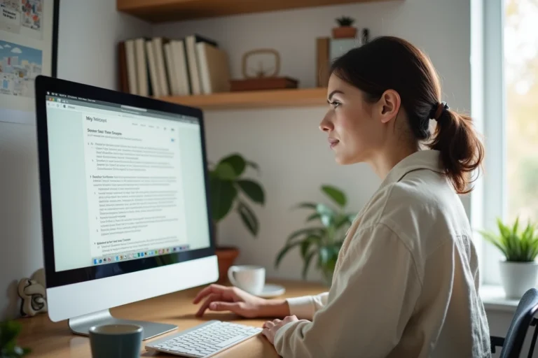 Femme consultant une liste complète de ressources et pages essentielles sur un site web depuis son bureau à domicile