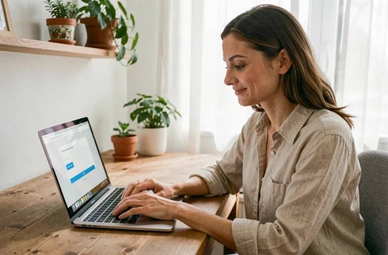 Femme utilisant un ordinateur portable pour contacter un atelier via un formulaire de contact en ligne