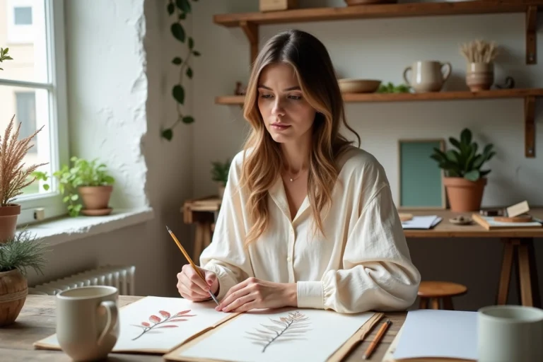 Femme créative peignant une illustration botanique dans un atelier maison cosy et chaleureux