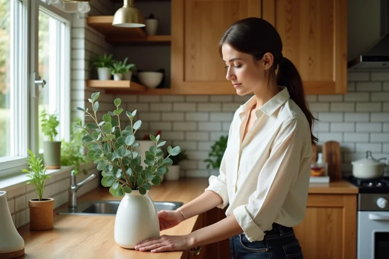 Femme arrangeant des tiges d'eucalyptus dans un vase en céramique sur un plan de travail en bois dans une cuisine chaleureuse et bien rangée