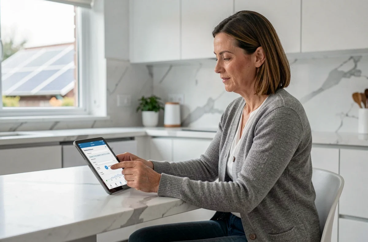Femme consultant sa facture d'électricité et une application de suivi solaire pour réduire ses dépenses énergétiques
