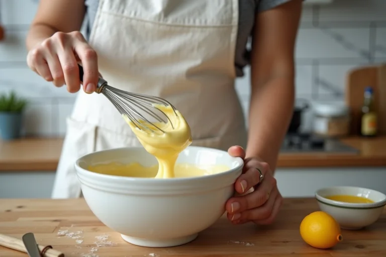 Femme fouettant une mayonnaise maison dans un bol en céramique avec un fouet à main dans une cuisine moderne