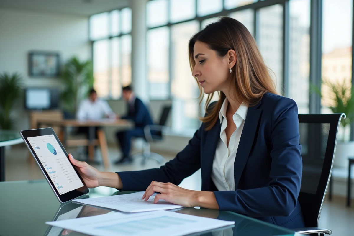 Femme professionnelle gérant son espace affilié Securitest sur tablette dans un open space