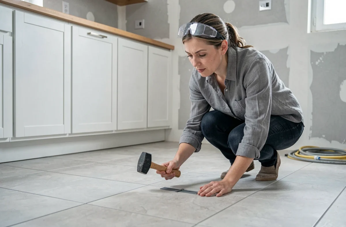 Femme inspectant la pose de carrelage dans une cuisine en cours de rénovation