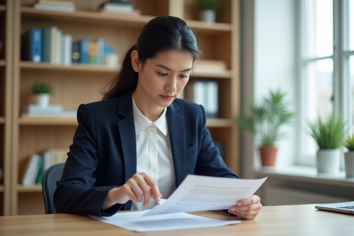 Femme lisant attentivement un contrat de bail immobilier avant signature à son bureau