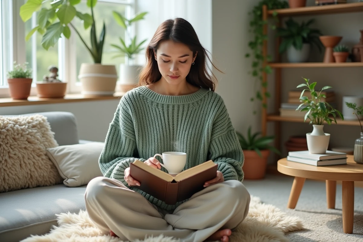 Femme lisant un livre dans un salon scandinave cosy avec plantes et déco naturelle