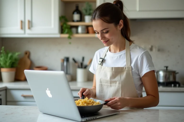 Femme consultant un minuteur cuisson en ligne sur un ordinateur portable dans une cuisine moderne tout en préparant des pâtes