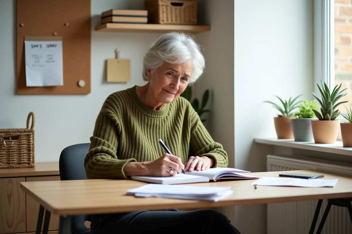 Femme écrivant dans un agenda à un bureau de travail à domicile bien organisé avec étagères en bois et paniers en osier