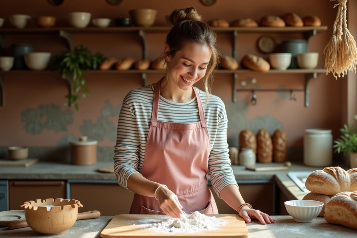 Femme préparant des pâtisseries maison dans une cuisine rustique chaleureuse