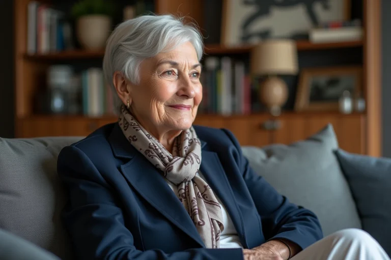 Femme senior élégante en portrait dans un salon moderne