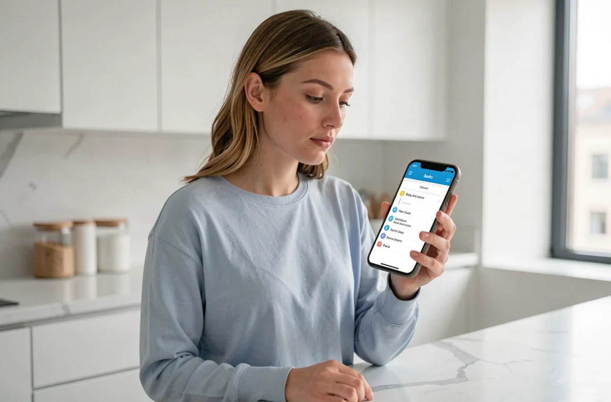 Femme consultant le plan de site d'un site de puériculture sur son smartphone dans une cuisine moderne