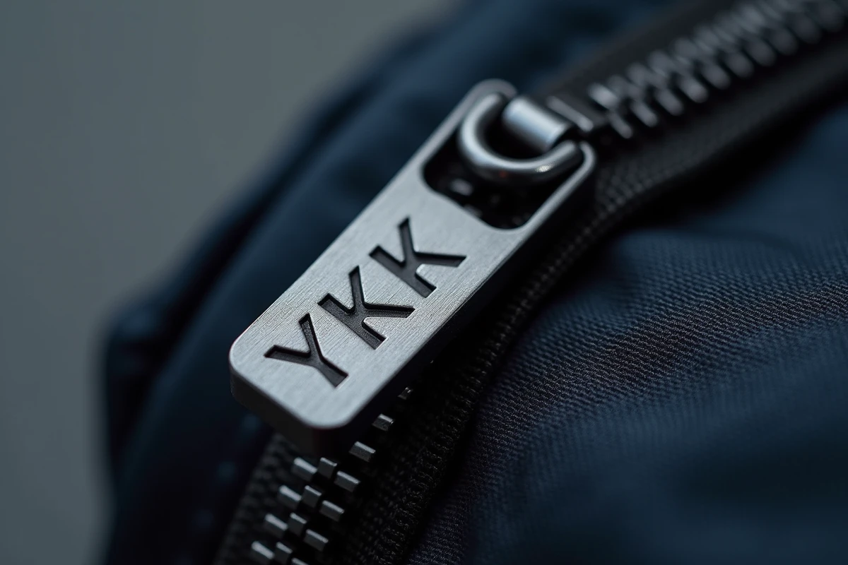 Gros plan sur la fermeture éclair YKK d'un sac Eastpak authentique, montrant l'inscription YKK gravée sur le curseur métallique