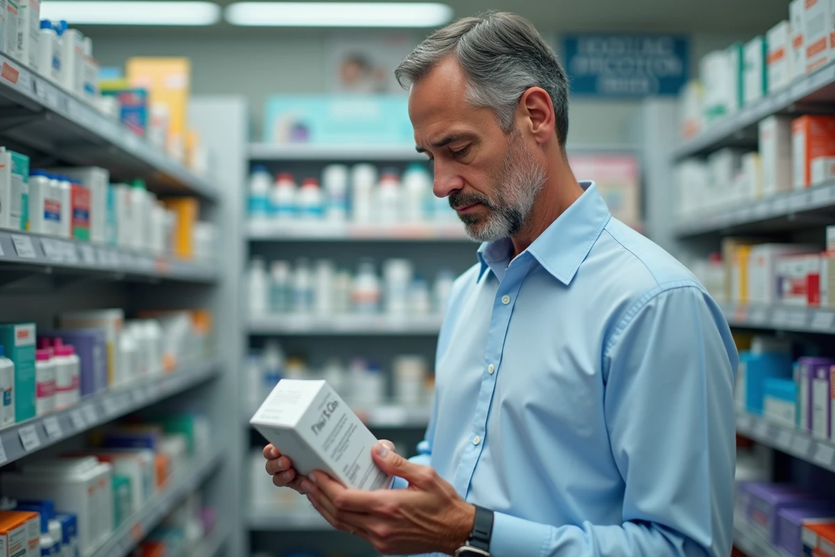 Homme lisant instructions d’un traitement capillaire en pharmacie